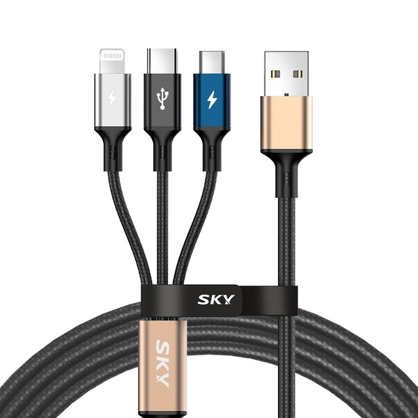 [SKY] USB-A 2.0 to 3in1 27W 고속 충전케이블,  SKY-A2-3IN1 [블랙/2m]